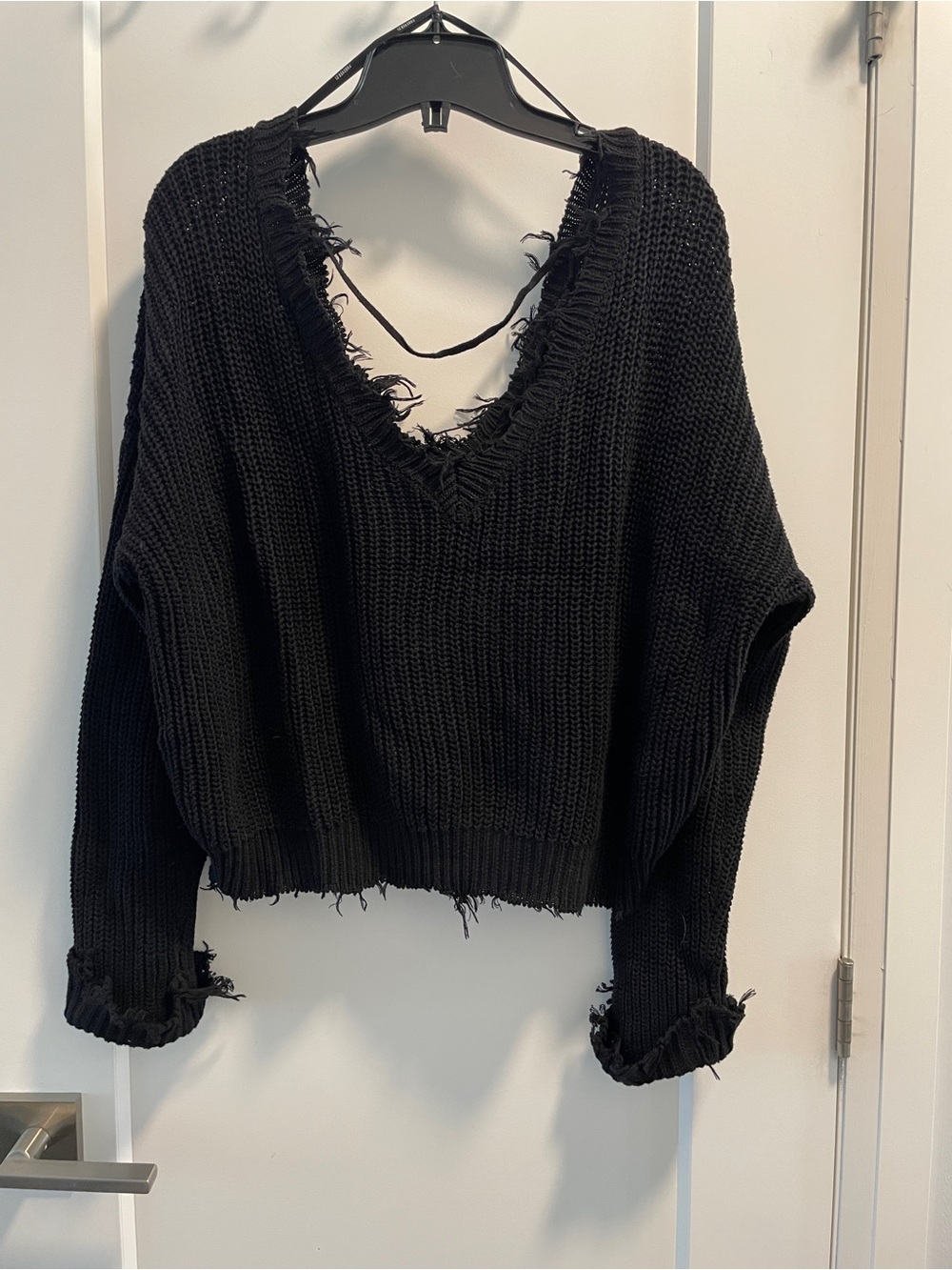 Women's Distressed V-Neck Chunky Knit Sweater - Black